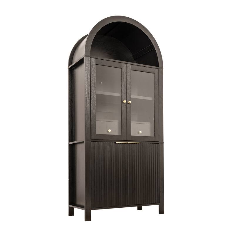 71" Fluted Tall Pantry Cabinet with Arched Glass Door, Hidden Drawer, Wood Display Storage Cabinet with Adjustable Shelves