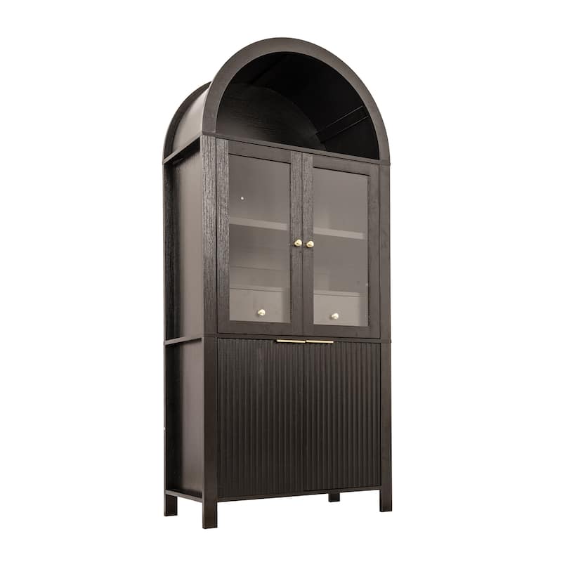 Roomfitters 71" Tall Arched Pantry Cabinet with Fluted Glass Doors & Hidden Drawer, 4-Door Display Cupboard