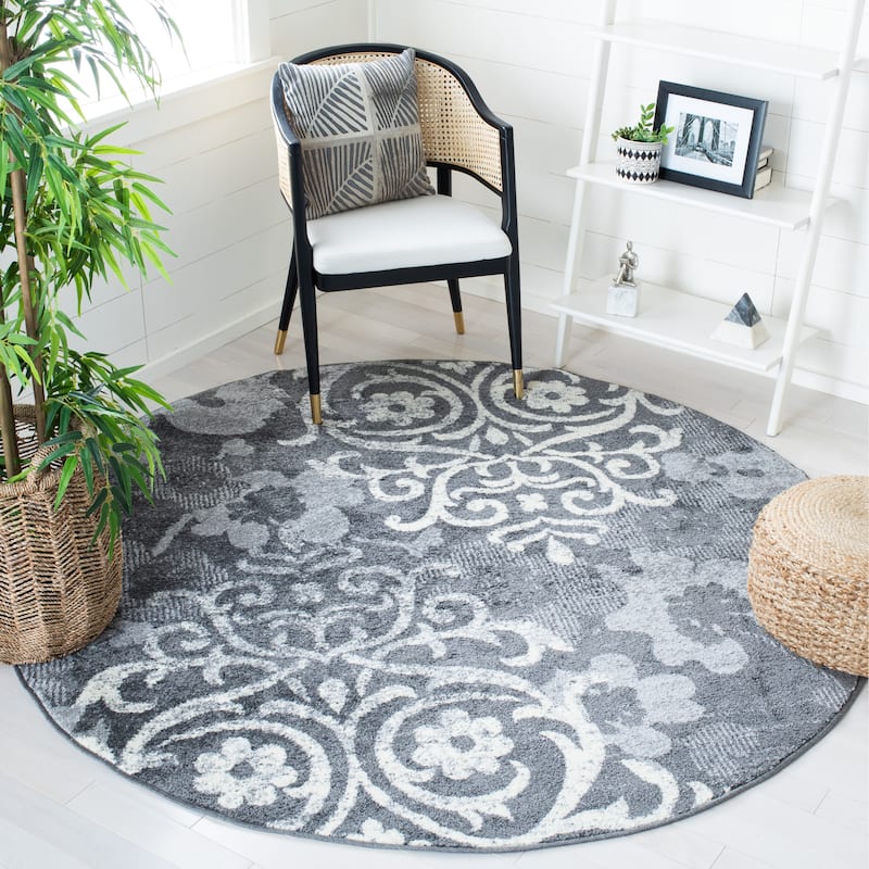 SAFAVIEH, Adirondack Rena Damask Floral Distressed Rug - 6'7" Round - Charcoal/Ivory