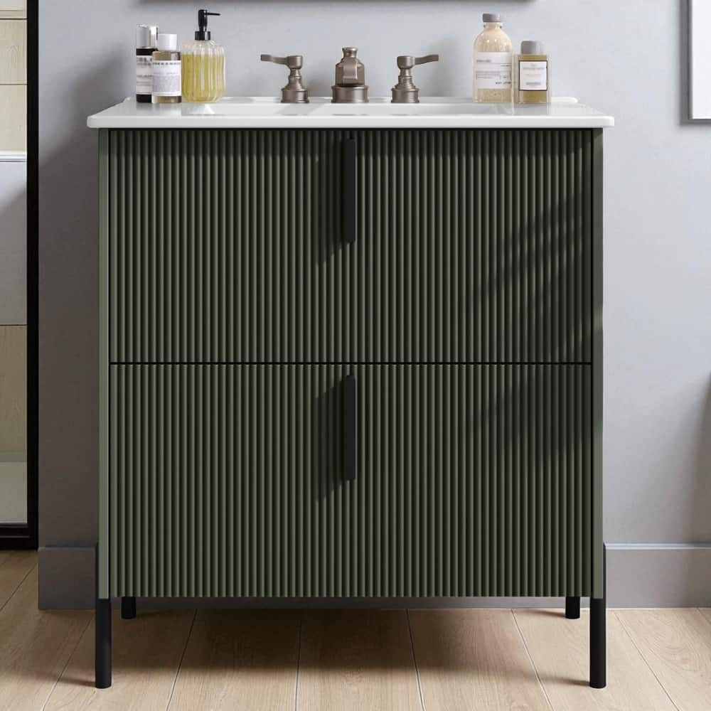 30" Bathroom Vanity with Ceramic Sink, Full-Extension Drawers, Soft-Close Undermount Slides and Fluted Design