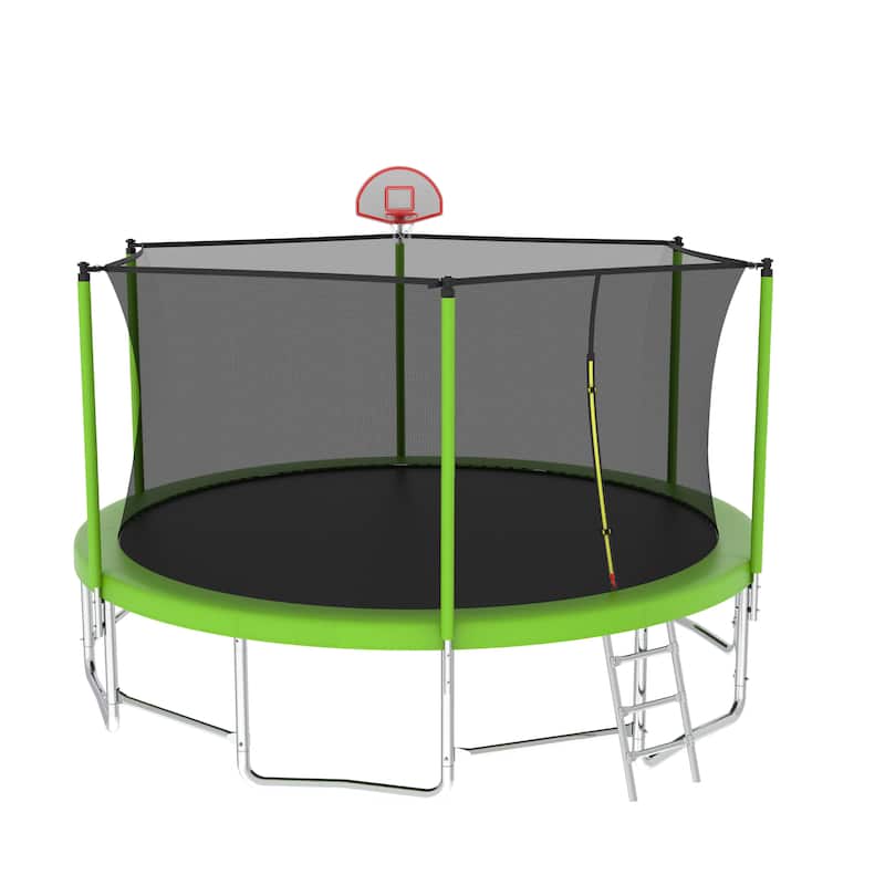 16FT ASTM Approved Outdoor Trampoline with Balance Bar, Basketball Hoop & Ball - Reinforced with Enclosure Net