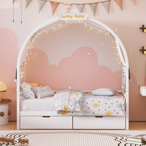 slide 2 of 15, Kids' Twin Bed with Arched Canopy, Tent, Light Strip & Storage Drawers, White White