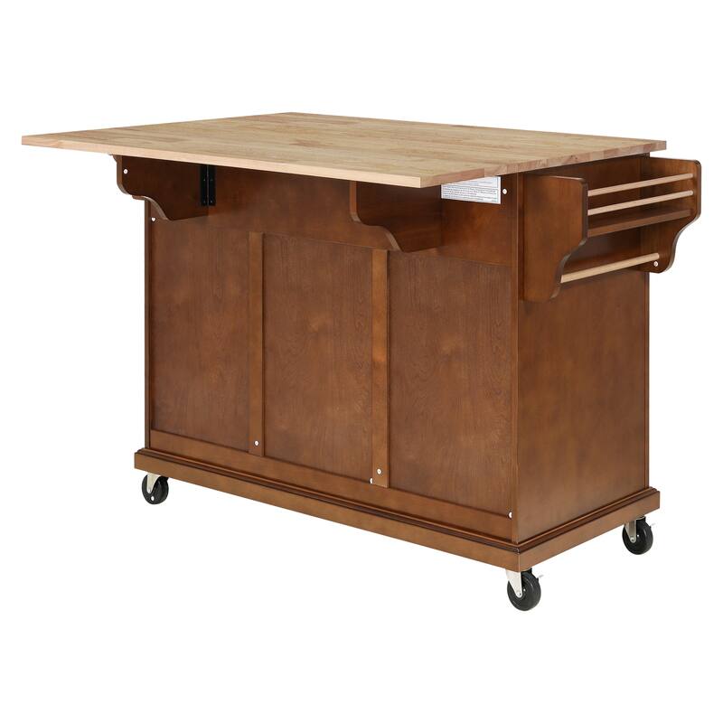 Natural Wood Topped Kitchen Island with Storage, Mobile Kitchen Cart