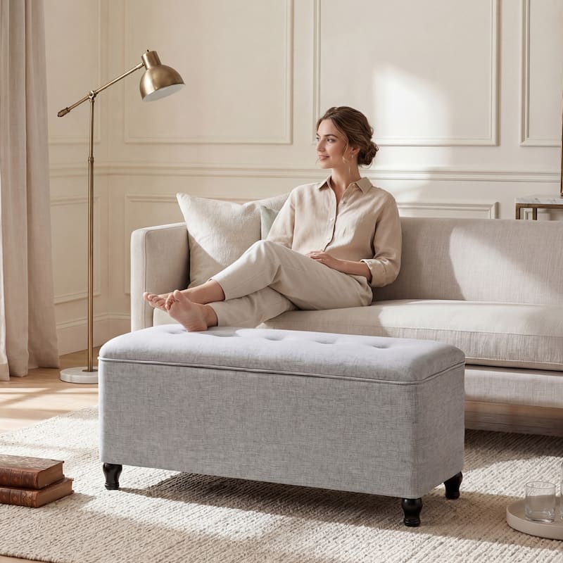 Adeco 41" Rectangle Linen Storage Ottoman Bench For Living room - 41.3"X17.3"X19.1"
