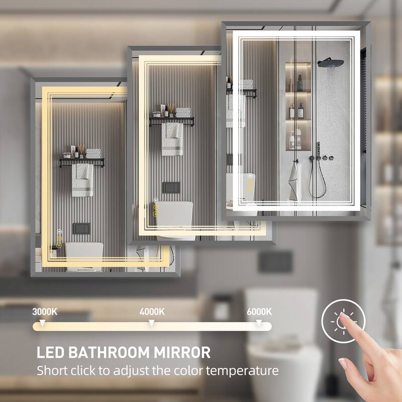 RS Rectangular Wall Mount Vanity Mirror with Lights for Bathroom, 3 Colors Dimmable LED, Anti-Fog, Memory Function