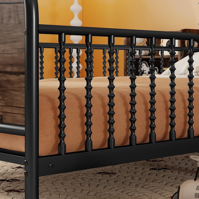 Kids Platform Bed Metal Frame with Linen Fabric Upholstered Storage Headboard Built-in Light Strip, Both Sides Rails
