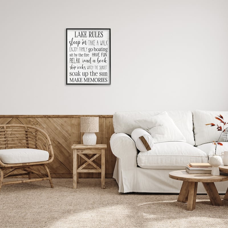 Stupell Motivational Lake Rules Sign Text Styles Black White Framed Giclee Texturized Art by Daphne Polselli