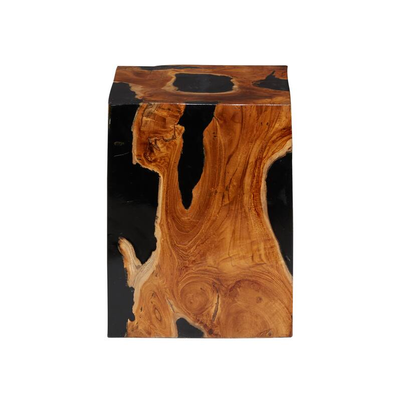 Teak Wood Abstract Block Accent Table with Black Resin Inlay - Brown - Roche River Decor - 11"Wx12"Lx15"H