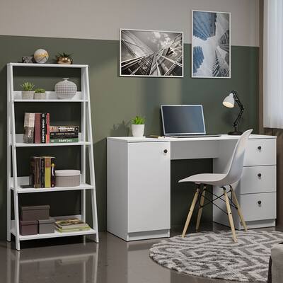 Madesa Desk with Drawer 53" + Ladder Shelf Standing Bookcase - White