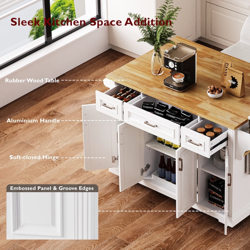 54" Large Kitchen Island with Drop Leaf, Rolling Rubber Wood Kitchen with 4 Doors, 3 Drawer and Storage Cabinet for Dining Room