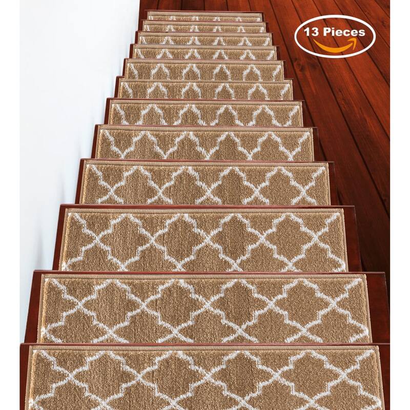 SUSSEXHOME Geometric Stair Treads with Easy to Install Double Adhesive Tape 9" x 28" - 13-PACK - Beige