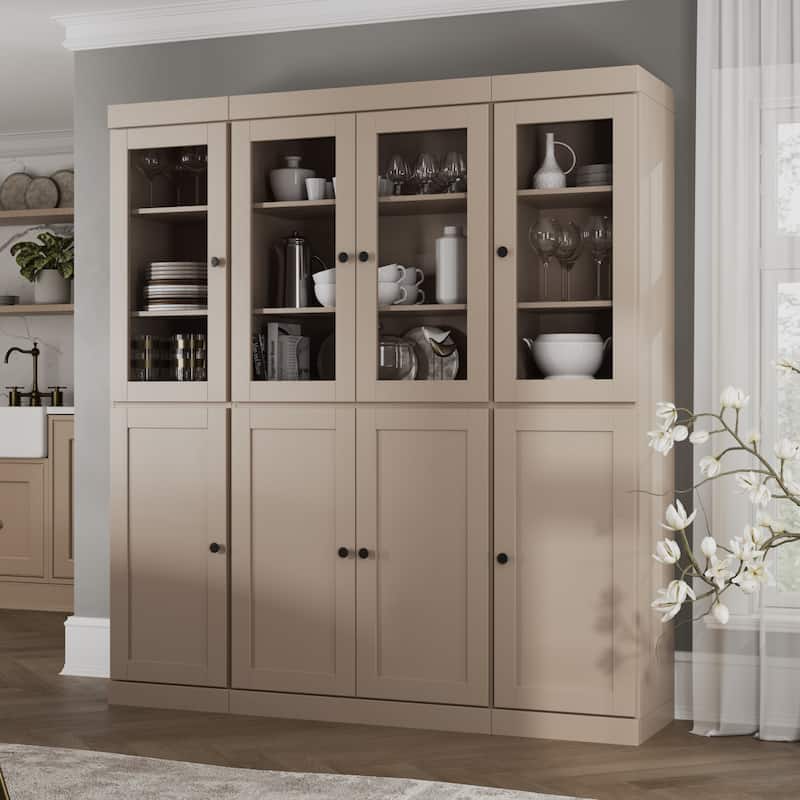 Palace Imports 100% Solid Wood 65" Pantry Cabinet with Clear Glass, Shaker Doors and Adjustable Shelves - Beige