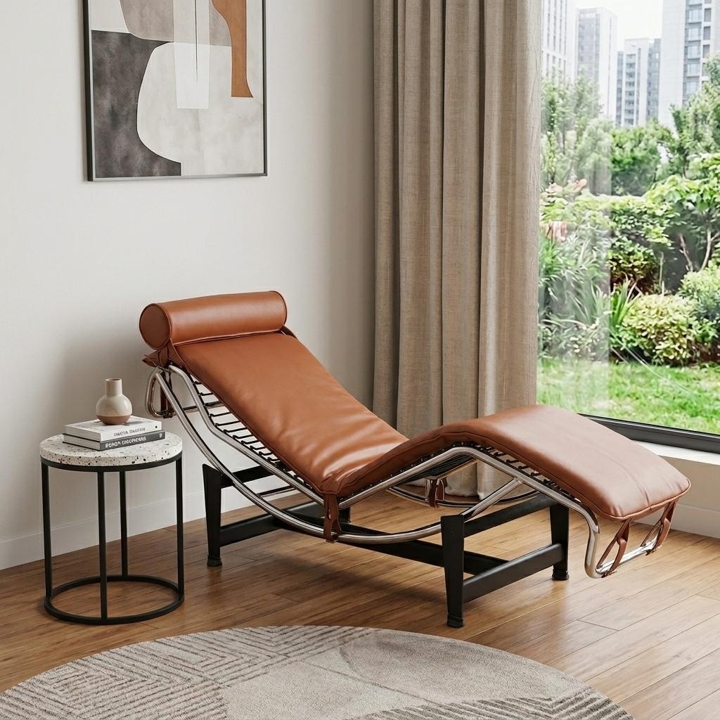 HomeRoots 61" Brown Black And Silver Leather and Metal Adjustable Lounge Chair With Pillow - 60.63 in. x 24.41 in. x 22.05 in.
