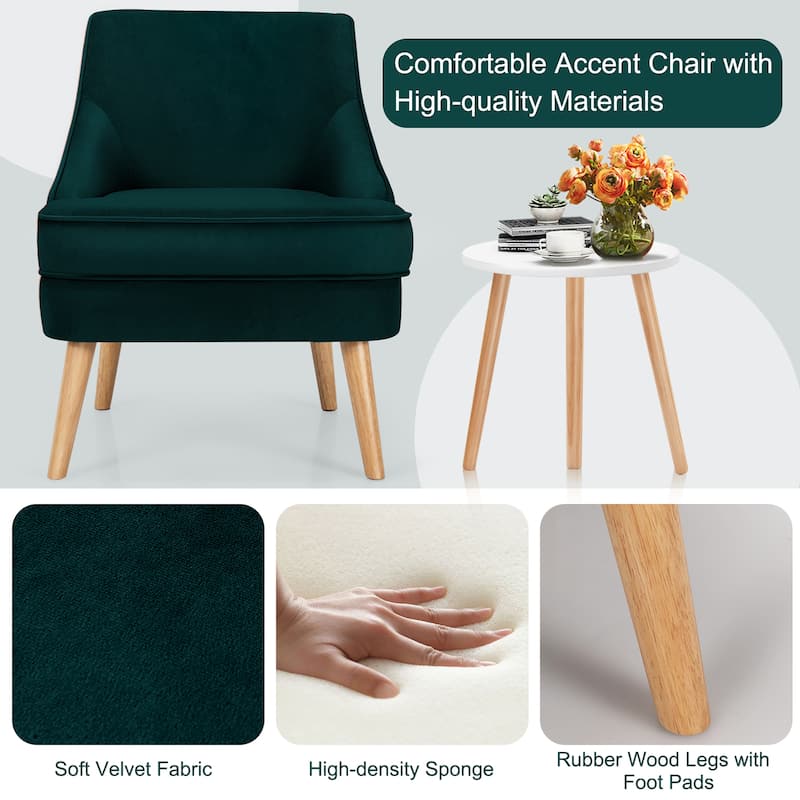 Costway Accent Chair Velvet Upholstered Single Sofa with Rubber Wood - 27'' x 25'' x 30''
