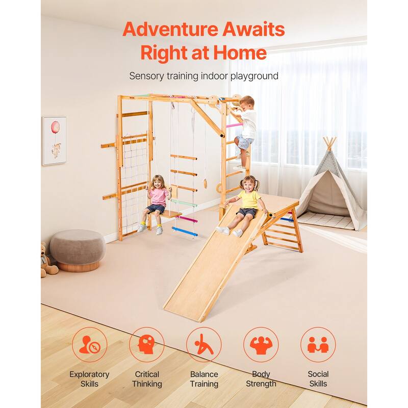 Colorful 8 in 1 Indoor Playground Jungle Gym for Kids with Extended Slide Swing Climbing Net Monkey Bars and 220 lbs Capacity