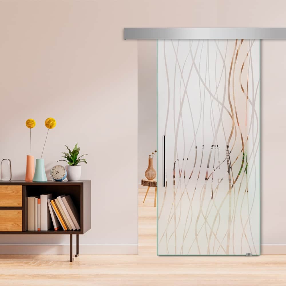Glass Sliding Barn Door with Modern Frosted Lines Design