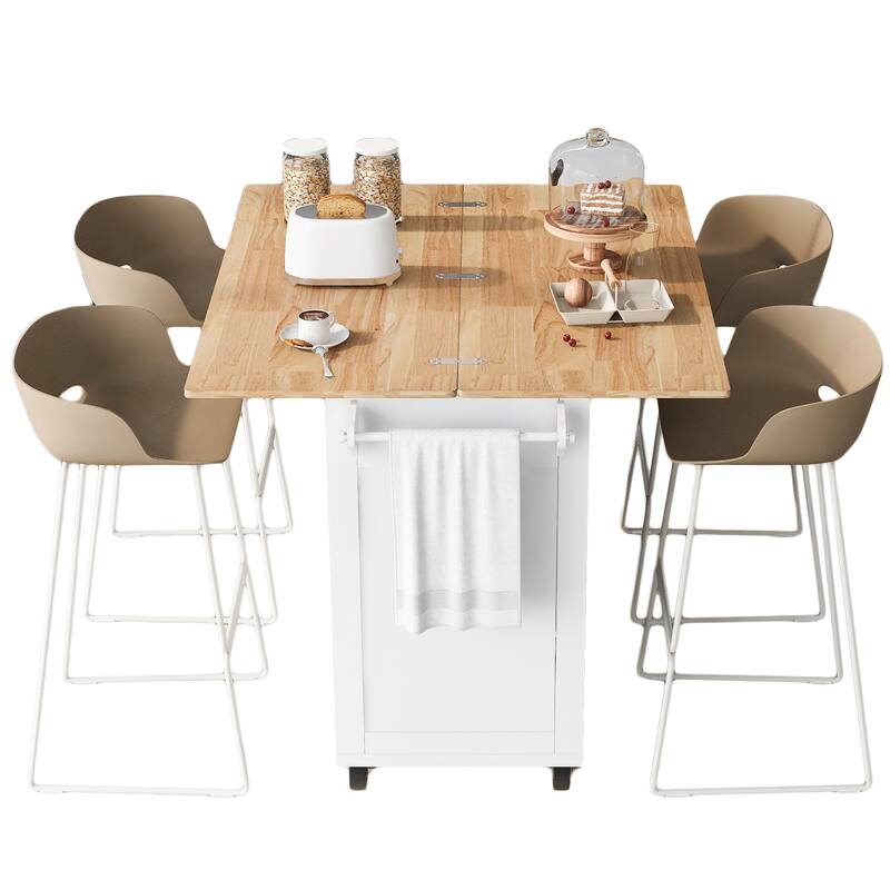 Space-Saving Kitchen Island with Foldable Countertop, Rolling Cart on Wheels, Towel Rack, Drawer & Slide-Out Shelf