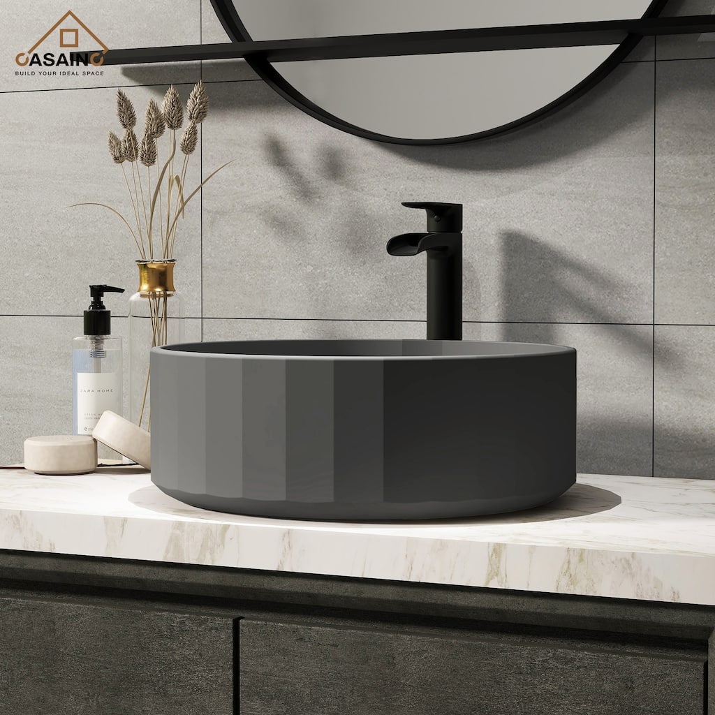 CASAINC Concrete Stripes Design Round Bathroom Vessel Sink Art Basin with The Same Color Drainer