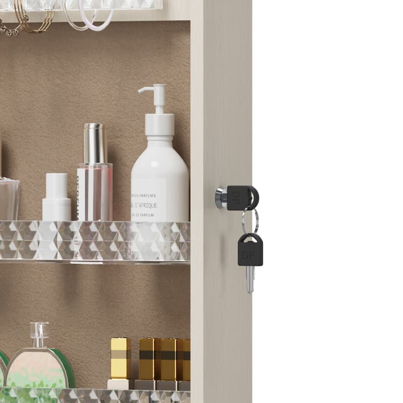 Jewelry Armoire Organizer with Full Length Mirror, Door or Wall Mounted,Lockable Storage Cabinet, Interior Mirror, White