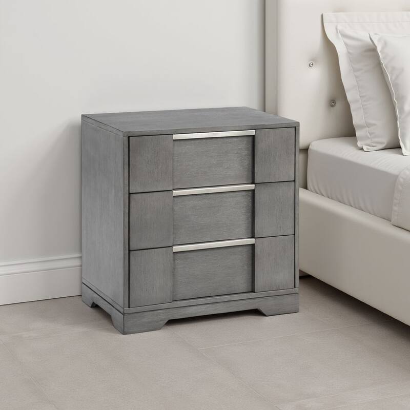 Levice Nightstand with 3 Drawers, Dovetail Built Gray Solid Wood