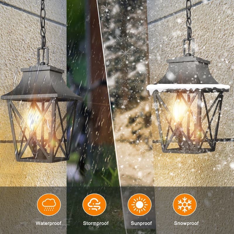 Black Farmhouse Outdoor Pendant Light - Modern Rectangular Porch Lantern with Clear Glass (1-Pack)