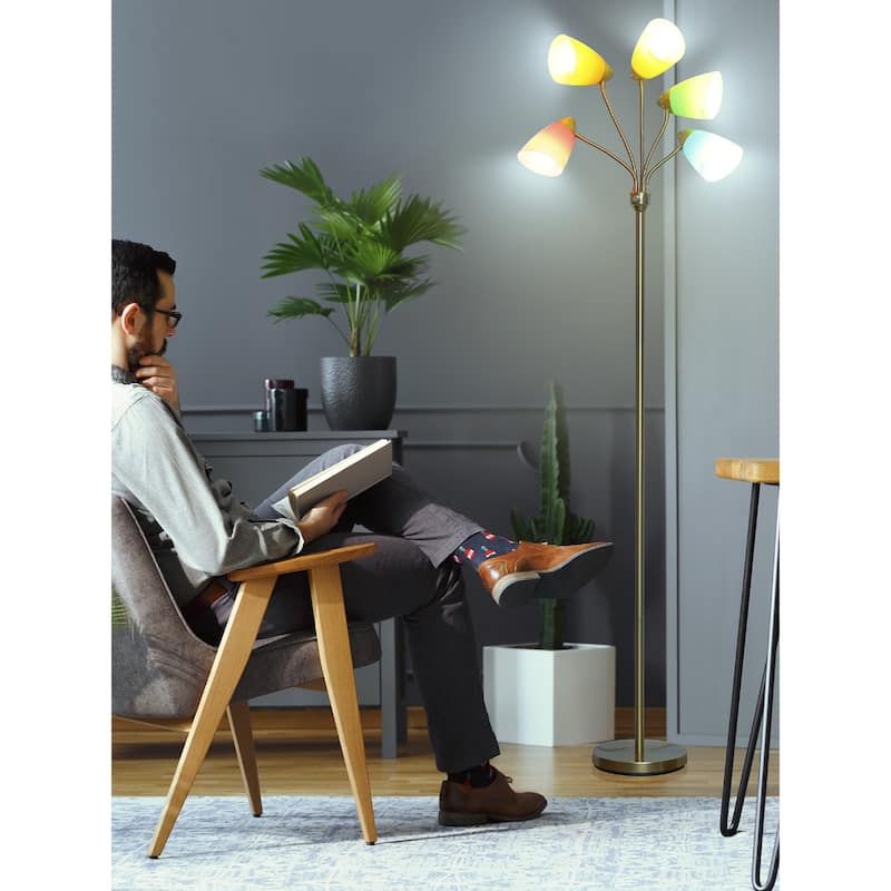 Brightech Medusa 74 in. Antique Brass Modern 5-Light Height Adjustable Gooseneck LED Floor Lamp with 5 Multicolored Cone Shades