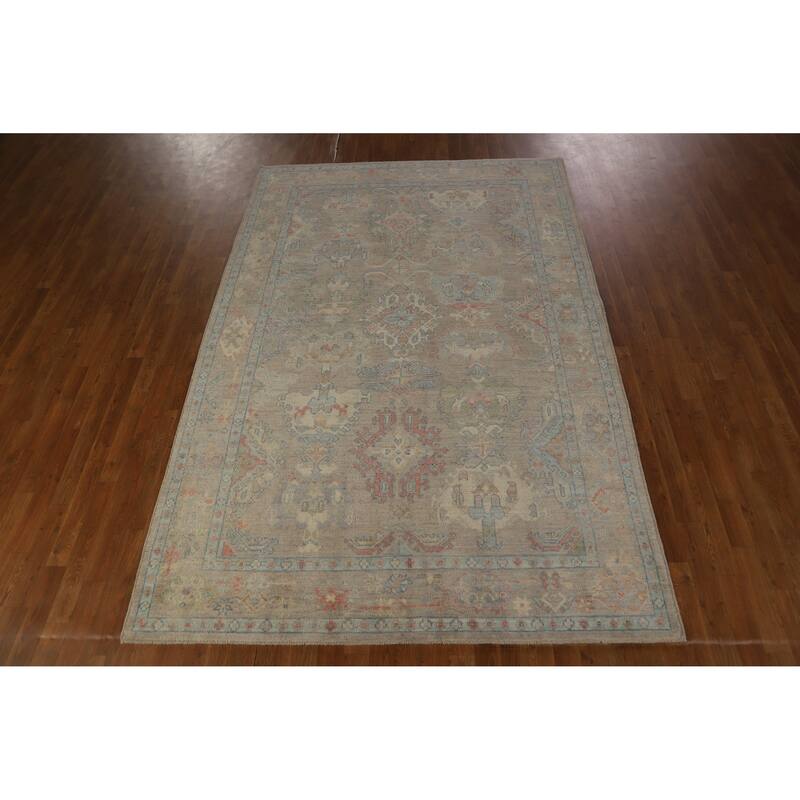 Hand Knotted Oriental 100% Wool Carpet Transitional All-Over Beige & Ivories Oushak Area Rug - 9' 3'' X 6' 2''