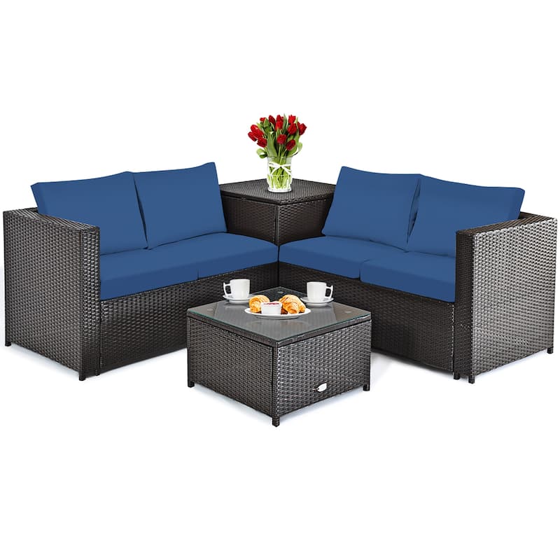 4 PCS Sectional Sofa Set Conversation Set w/ Coffee Table Storage Box - Navy