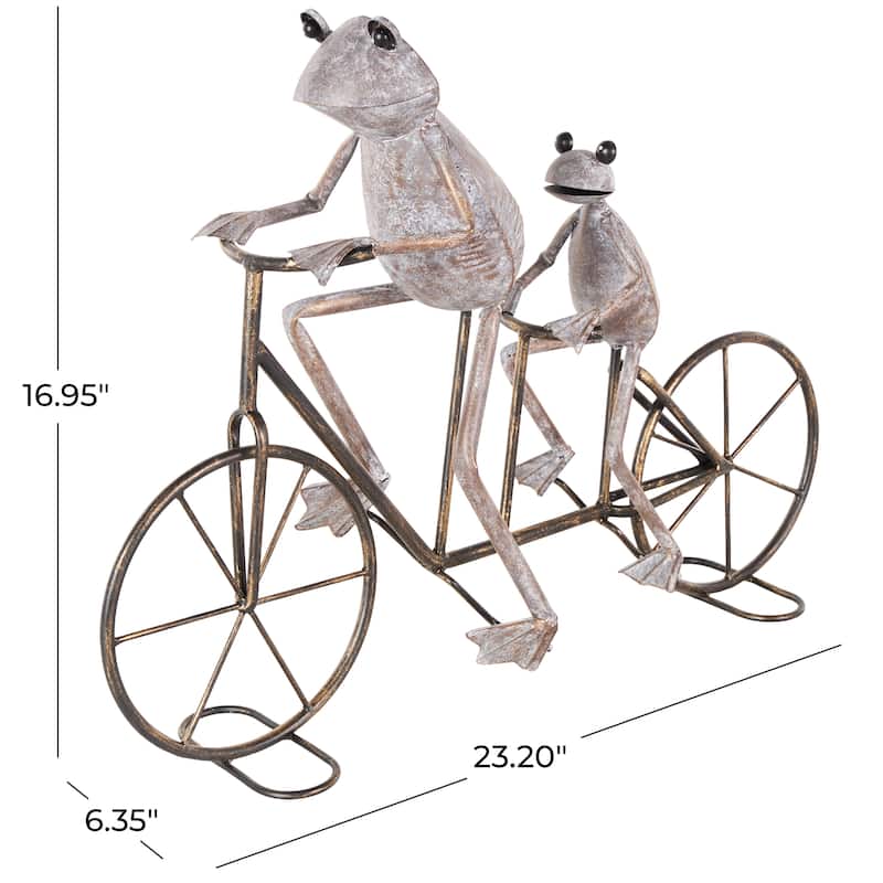 Metal Frog On Bicycle Garden Sculpture with Gold Accents - Copper or Green - Roche River Decor