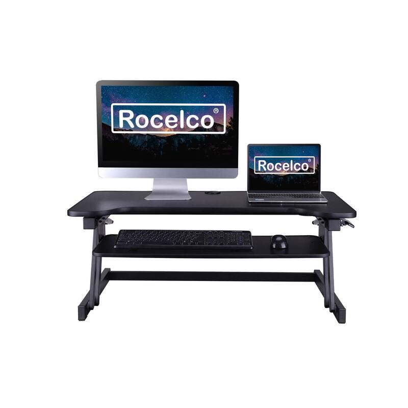 Rocelco 37.5 in. W Black Height Adjustable Standing Desk Converter Keyboard Tray Double Monitor Riser Computer Workstation