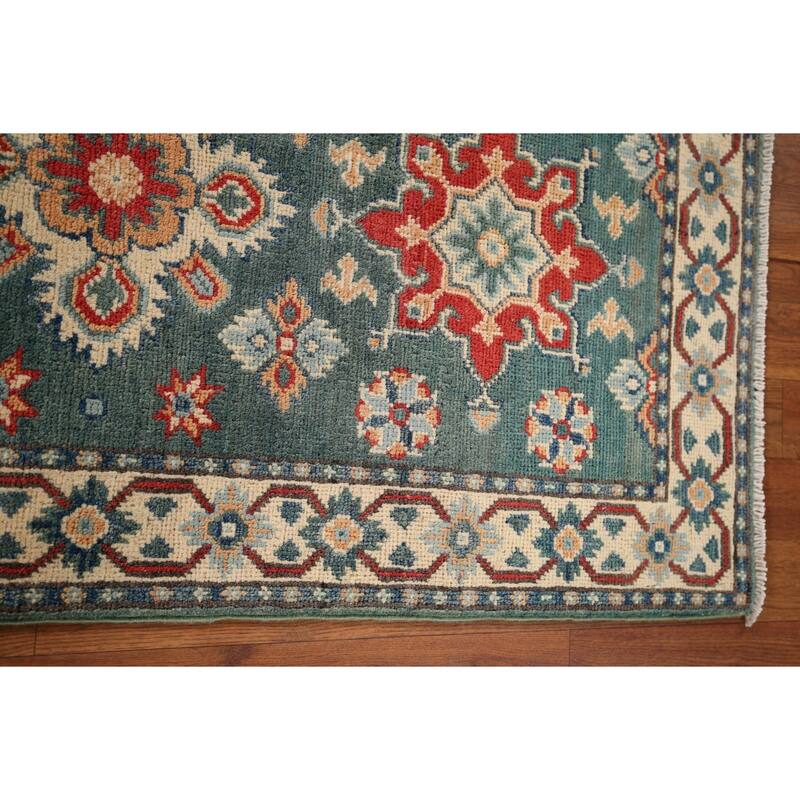 Geometric Green Kazak Oriental Runner Rug Hand-Knotted Wool Carpet - 2'3" x 5'11"