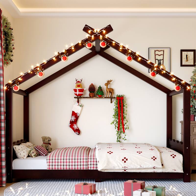 Twin House Floor Bed with Support Slats, Solid Wood House Bed Frame for Kids, No Box Spring Needed