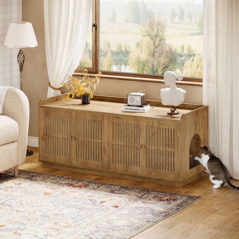 2 Cats Litter Box Enclosure, 55.1-Inch Extra Large Hidden Litter Box Furniture, Wooden XL Cat Washroom Furniture with Storage