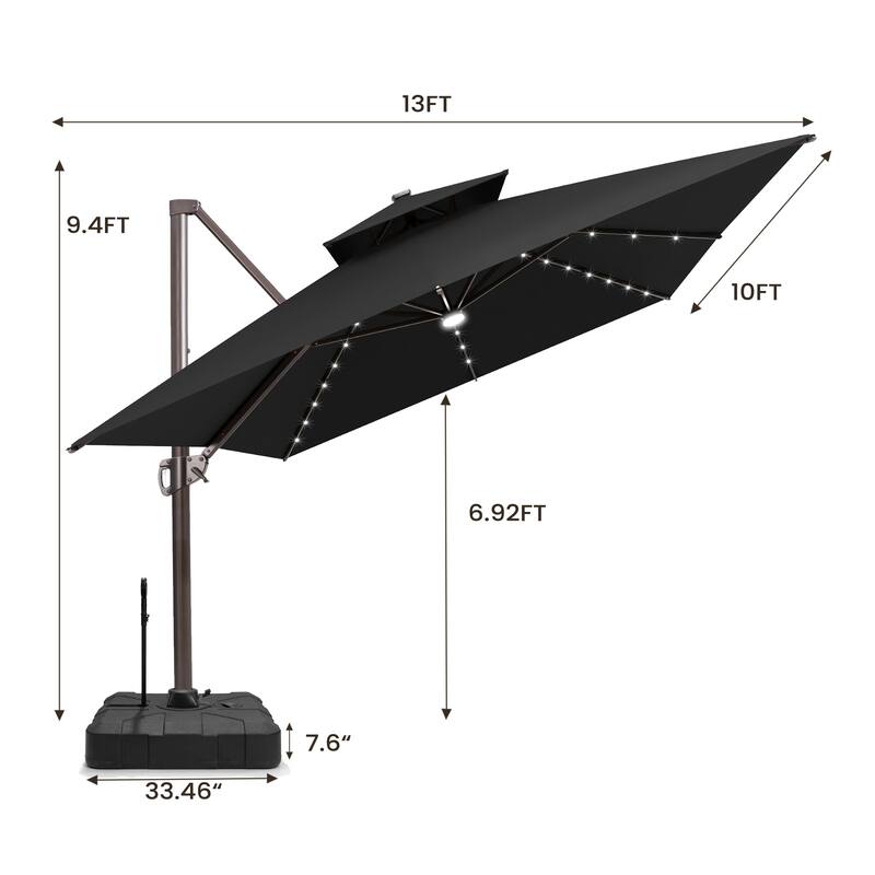 10 X 13 FT Outdoor Patio Cantilever Umbrella with Solar Lights Rod Wheel Base Double Canopy 360 Rotation Tilt