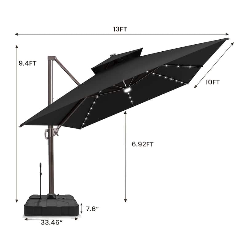 Pellebant 10X13 FT Outdoor Double Top Cantilever Patio Umbrella Solar LED Light with Rod Base