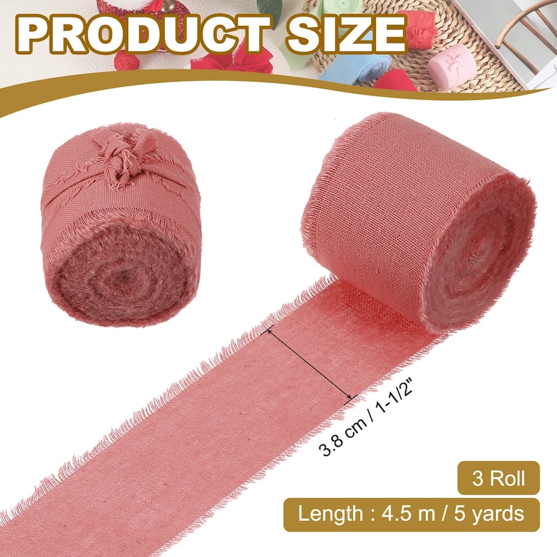 1-1/2"x15 Yd Handmade Fringe Cotton Ribbon Frayed Ribbons 3 Roll - 5Yd - Rose Red