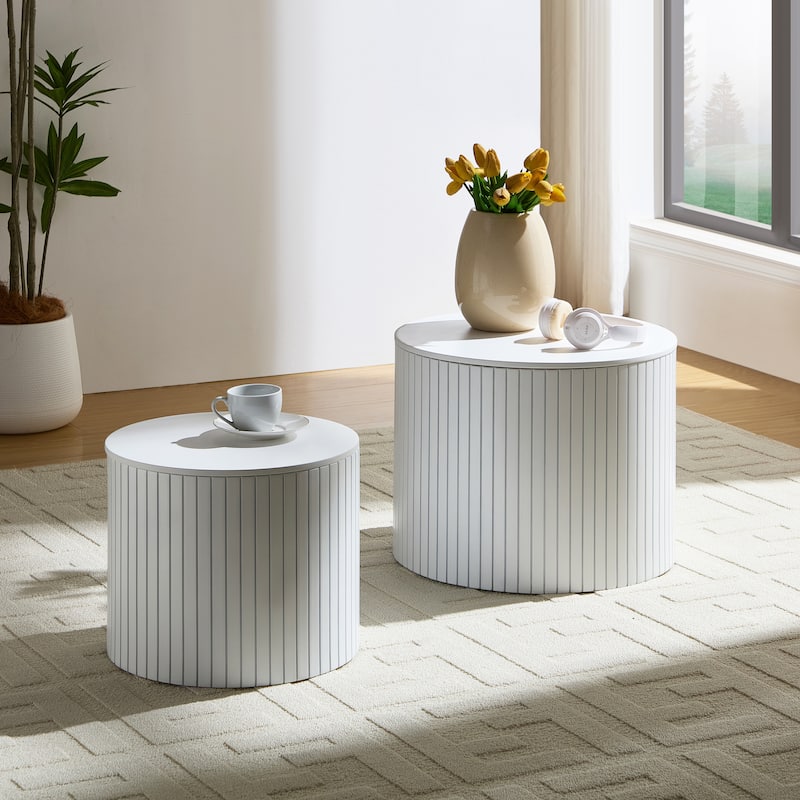 Set of 2 Round Nesting Tables, Vertical Stripe Coffee Table Sets with Hidden Storage and Disassembled Tabletop