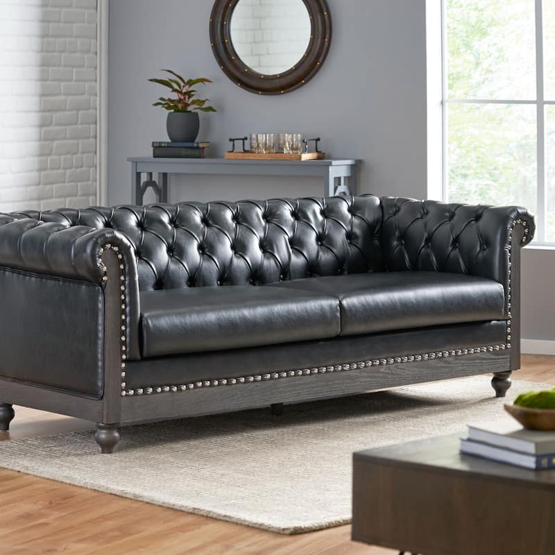 Castalia Nailhead Trim Chesterfield Sofa by Christopher Knight Home - 78.75" L x 33.50" W x 28.00" H - Faux Leather + Midnight Black, Dark Brown