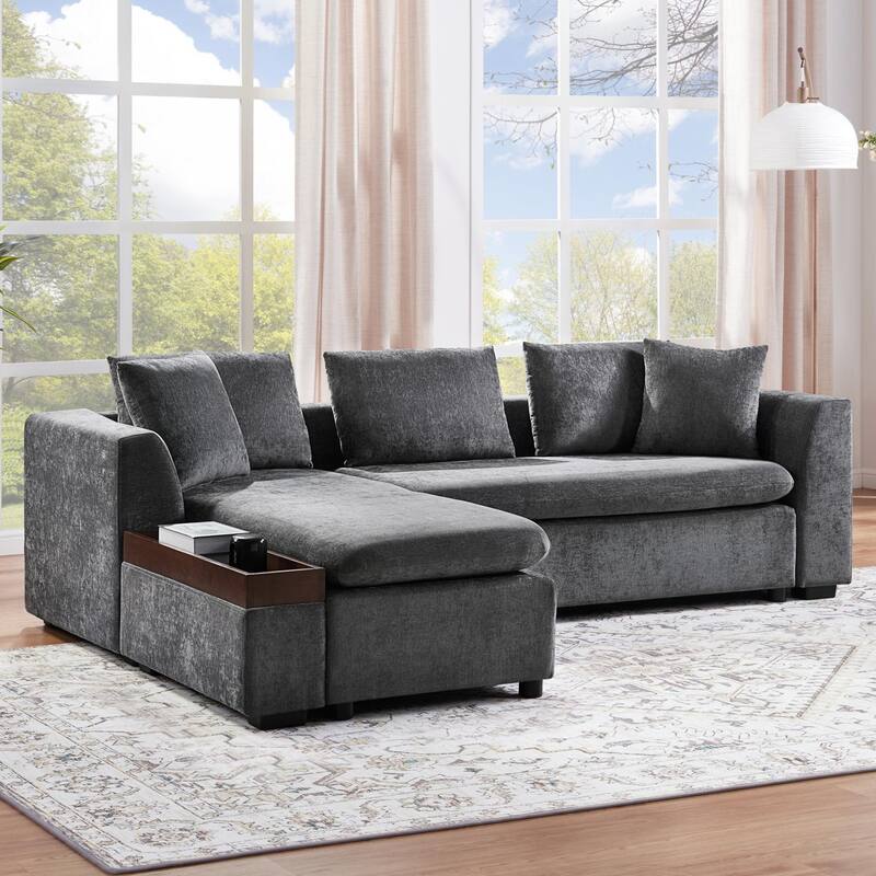 93.7" L-Shaped Storage Sectional - Upholstered Sofa with Built-in Wooden Compartment - Grey