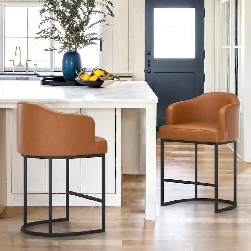 26.in Modern Set of 2 Barstool Fabric/Leather Upholstered Counter Height Stool with Metal Frame for Kitchen Island - Brown
