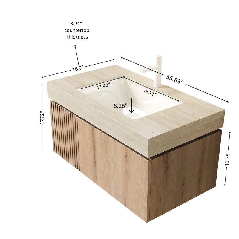 30"/36"/48" Wall-Mounted Bathroom Vanity with Ceramic Sink, Sintered Stone Countertop Floating Bathroom Storage Cabinet