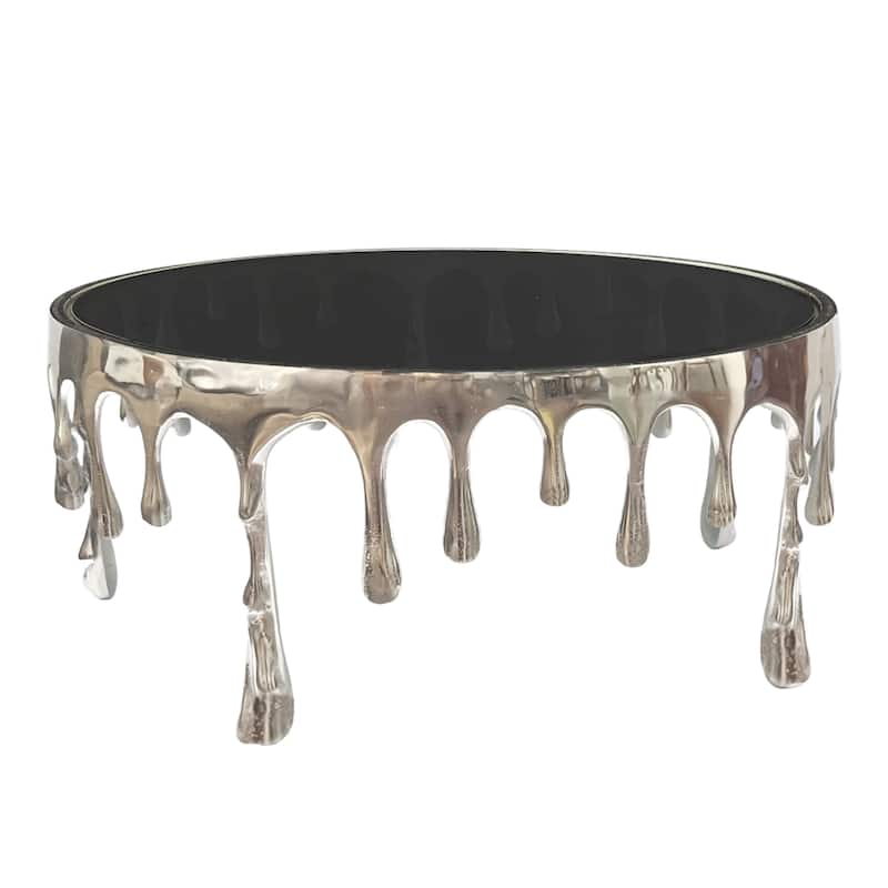 Capri Coffee Table, 36 Inch Round Glass Top, Melting Drip Design, Silver