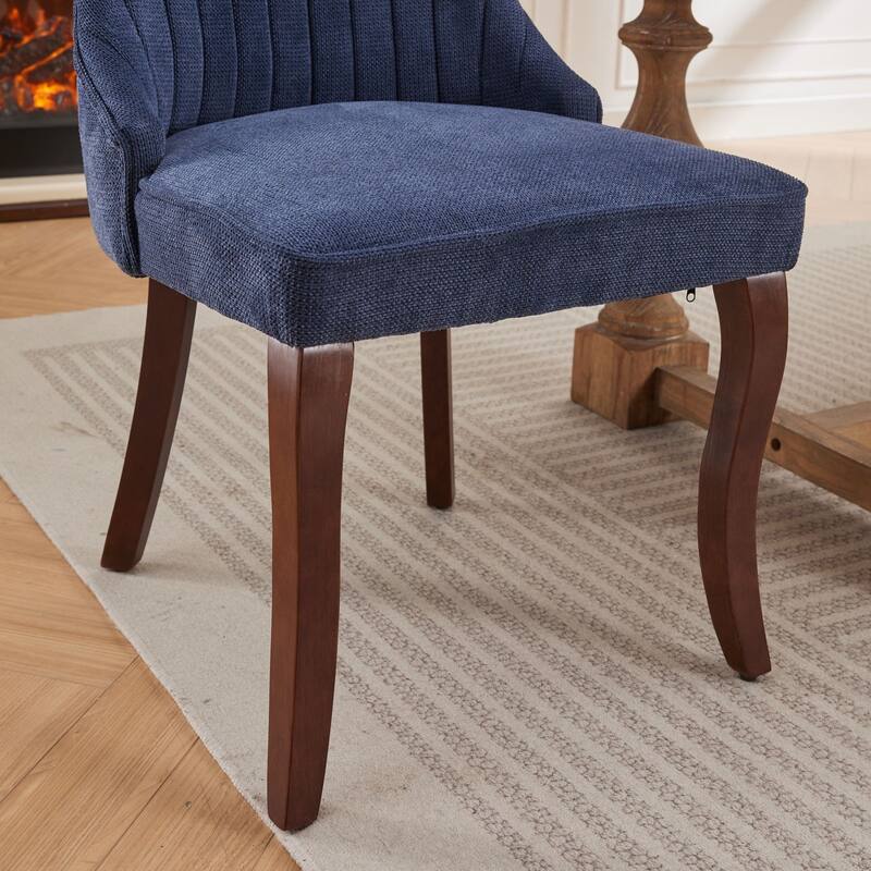 Flocking Linen Upholstered Dining Chairs with Curved Solid Wood Legs,Set of 2