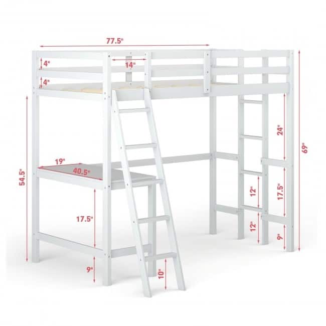 Twin Size Loft Bed Frame with Desk Angled and Built-in Ladder