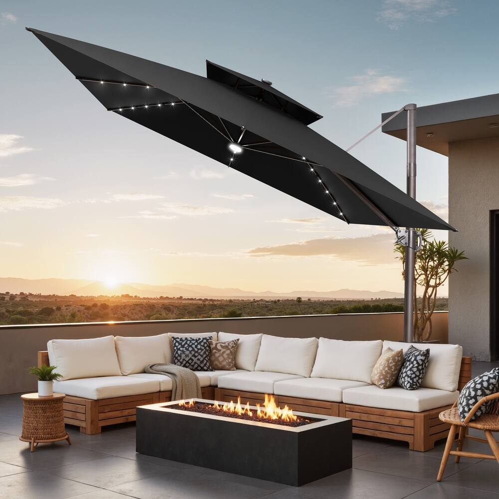 11 FT Square Outdoor Patio Cantilever Umbrella with Solar Lights Double Canopy 360 Rotation Tilt