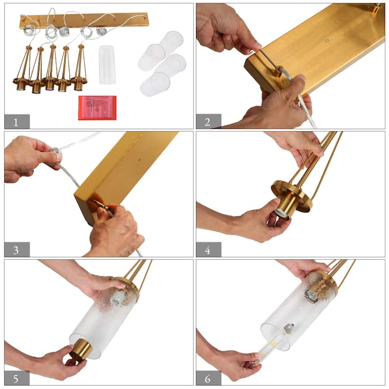 Modern 5-Light Gold Cylinder Glass Chandelier Linear Island Lights for Dining Room - L41.3" x H82.2" Max