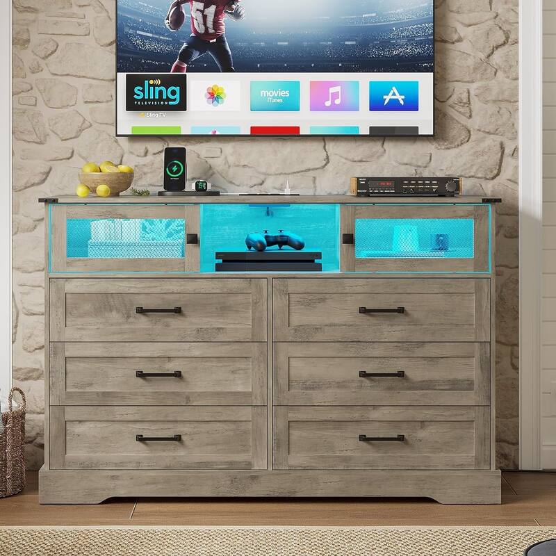 6 Drawers Dresser LED Charging Station Farmhouse Chest of Drawers - Grey