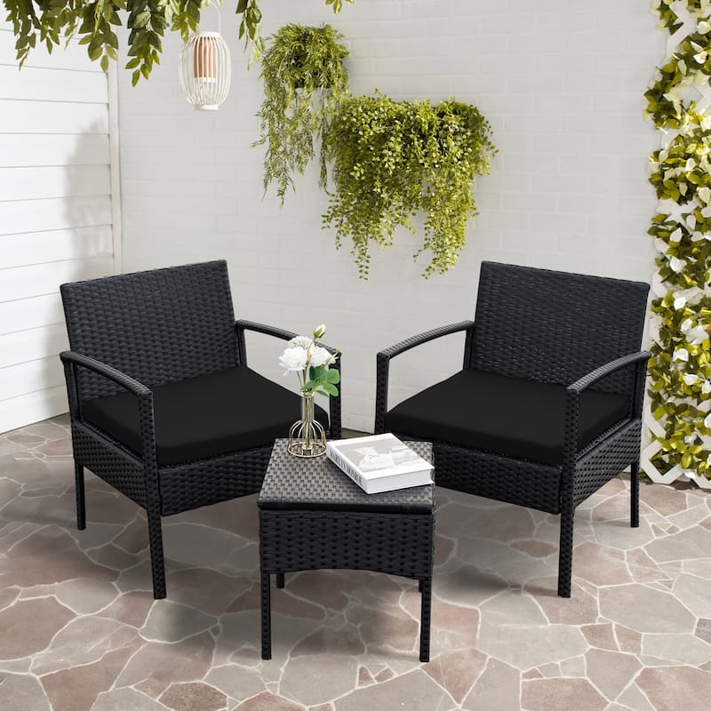3 PCS Outdoor Patio Bistro, Rattan Conversation Chairs Set, Balcony Furniture Set - 28"H x 23.3"W x 23.3"D - Black