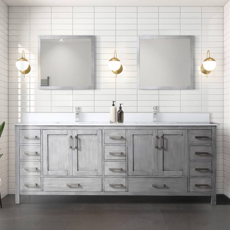 Jacques 84 in. W x 22 in. D White Bath Vanity, Cultured Marble Top, Faucet Set, and 34 in. Mirror