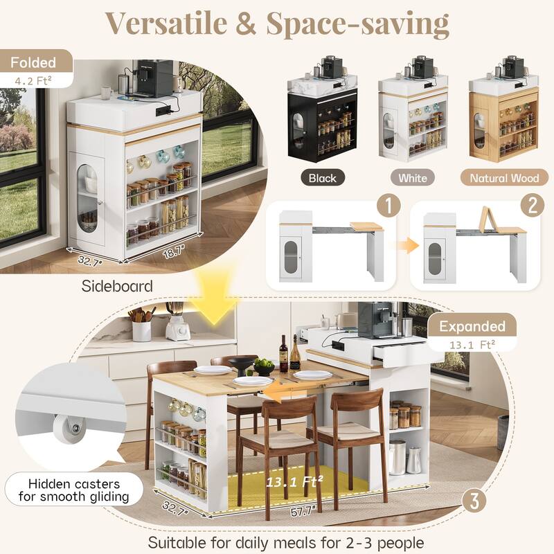 Extendable Kitchen Island Dining Table with Power Outlet, Rolling Sideboard with Folding Tabletop & Drawers